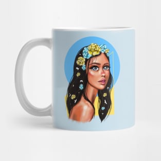 Ukrainian young emotional girl with Ukrainian symbols. Mug